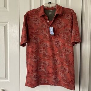 Van Heusen Polo Shirt Burnt Orange Hawaiian Tropical Print Collared SZ M NWT